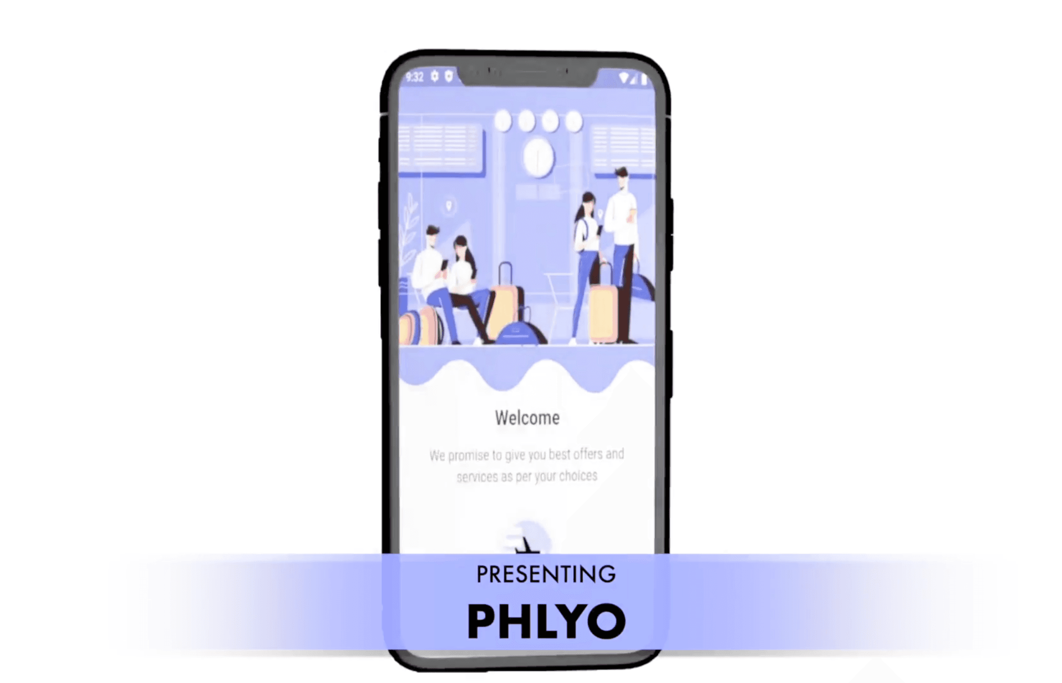 Phone mockup of the Phlyo passenger app welcome screen