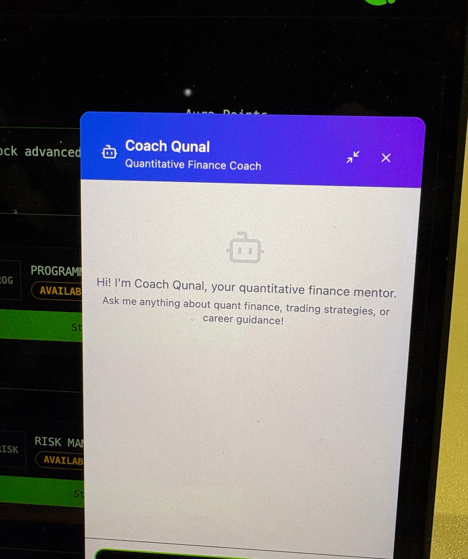 A hackathon team's chatbot named Coach Qunal, a quantitative finance coach